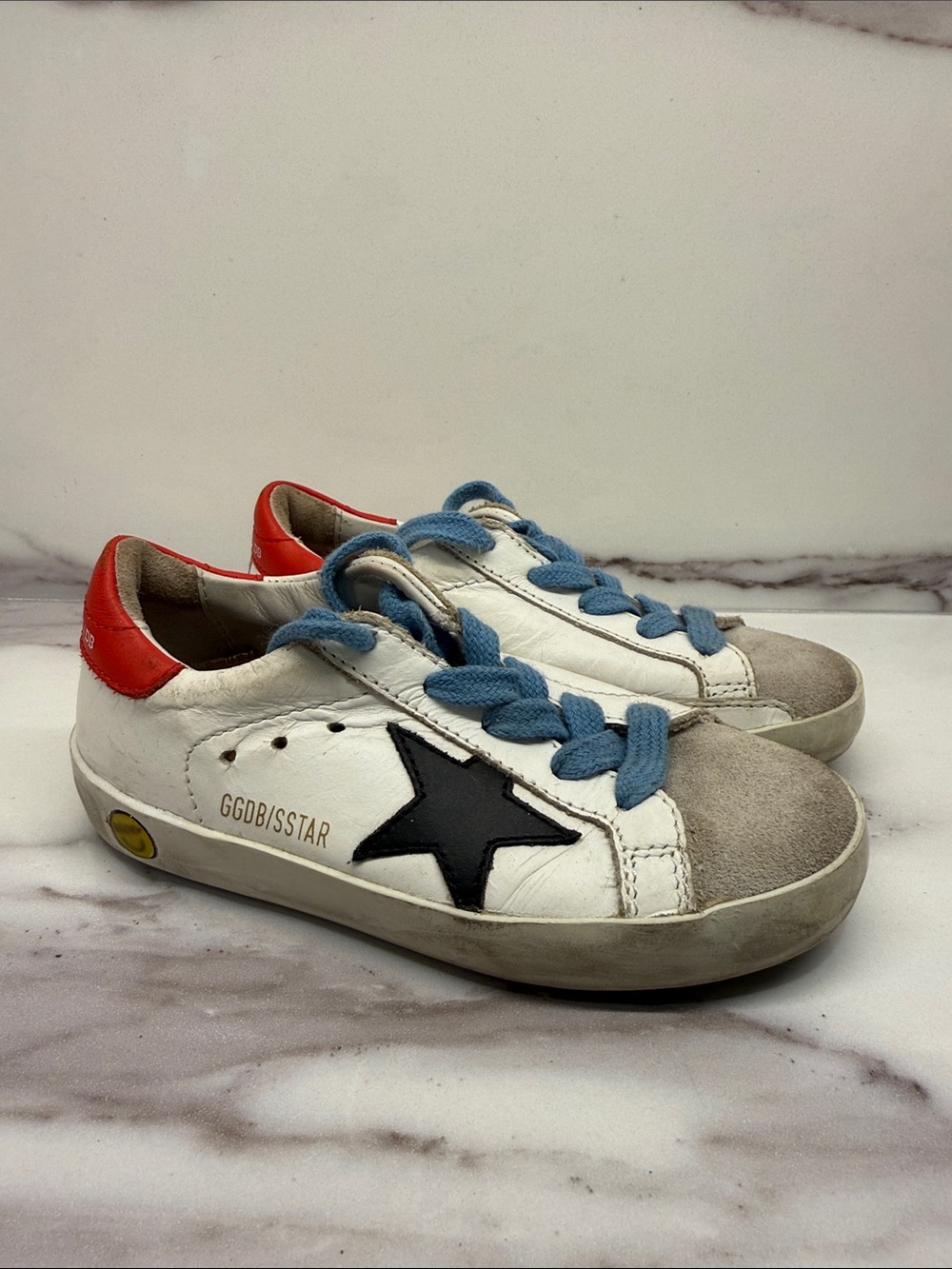 Golden Goose Kids White Leather Superstar Sneaker with Blue Laces